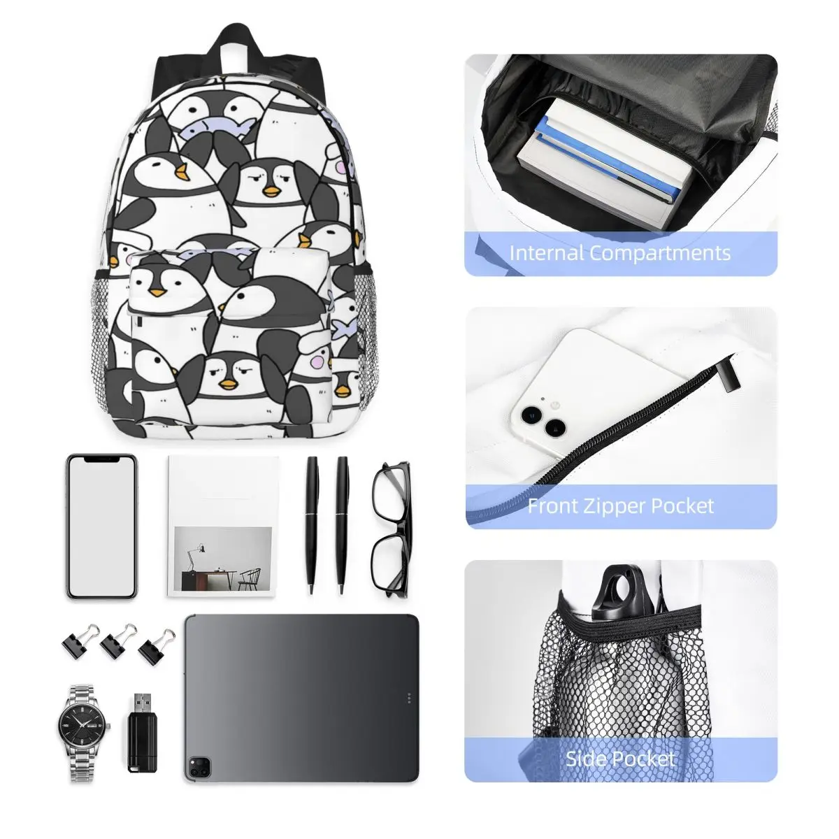 Hand Drawn Penguin Set Backpack Hot Sale Daypack Large Capacity Boys Girls BookBag Shoulder Bags for Men Women School Bag