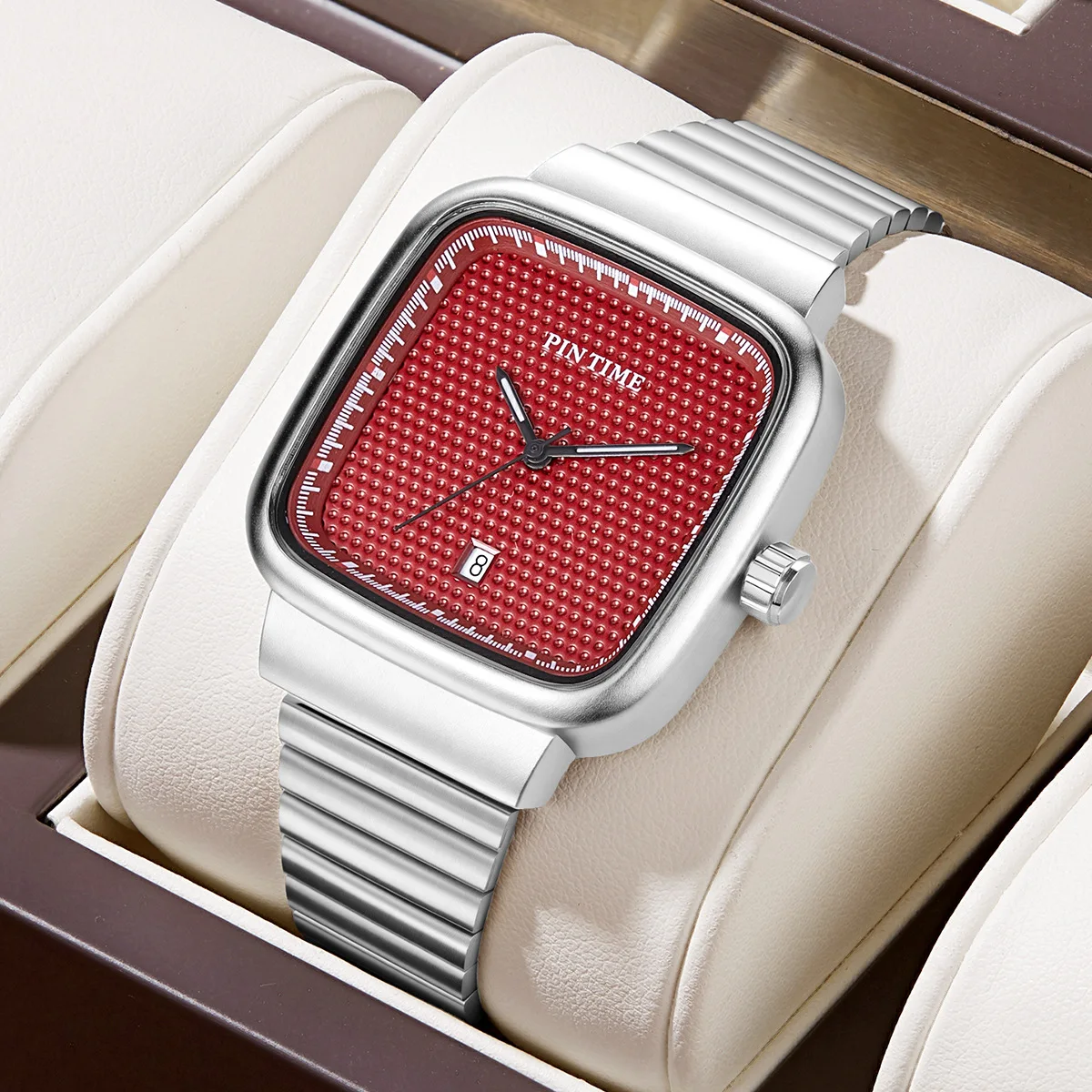 Men Square Quartz Watch Single Date Textured Dial Integrated Stainless Steel Bracelet Minimalist Casual Business Wristwatch