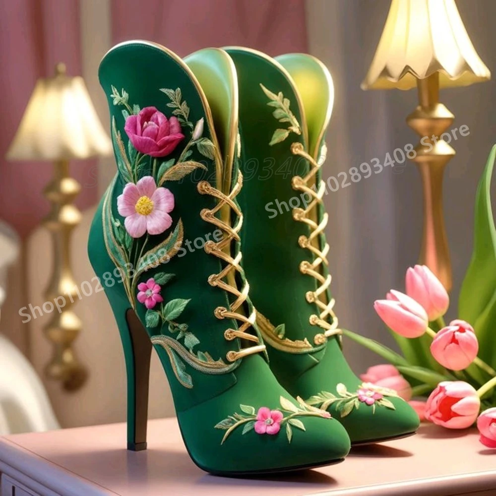 

Green Embroidery Flowers Design Ankle Boots Front Lace-up Stiletto High Heel Sexy Women Shoes 2025 Spring Zapatos Para Mujere