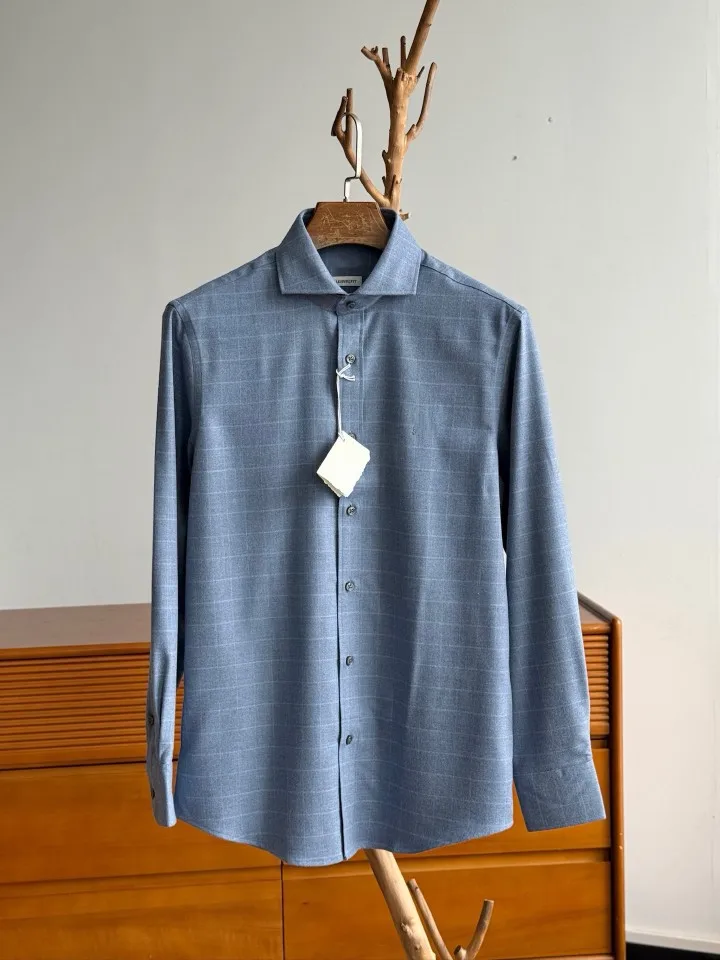 Men's Old Money Style Double-Faced Flannel Embroidered Logo Solid Business Formal Long Sleeve Check Shirt