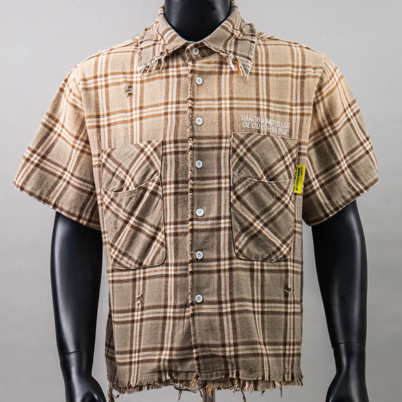 Retro Casual High Quality THAT'S A AWFUL LOT OF COUGH SYRUP Shirts Streetwear Distressed Plaid Short Sleeve Shirt