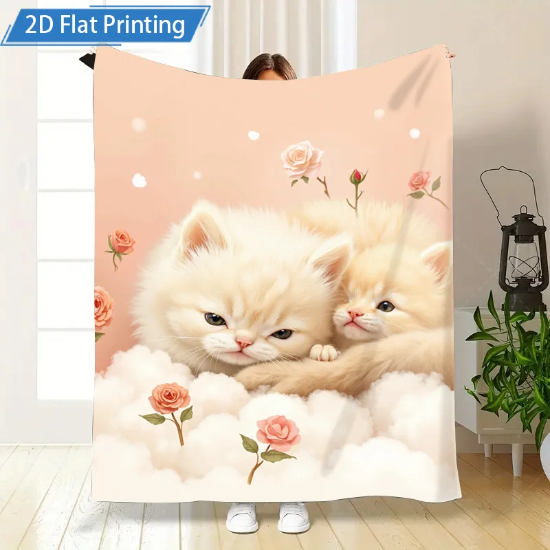 1 قطعة بطانية الفانيلا القطط لطيف على الغيوم الأزهار طباعة بطانية لينة مريحة الفراش رمي غطاء #5