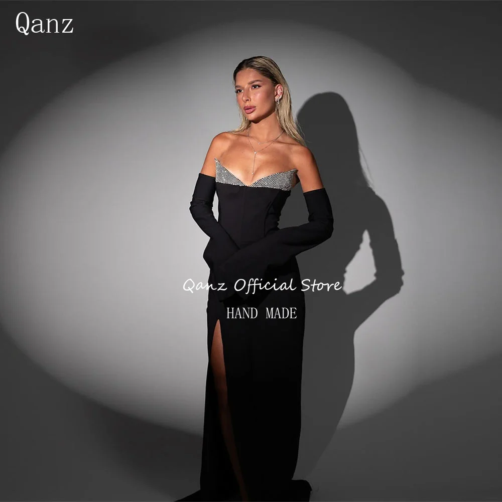 

Qanz Glitter Prom Dresses Black Satin High Slit Mermaid Evening Dresses Corset Vack Vestidos Para Eventos Especiales Customized