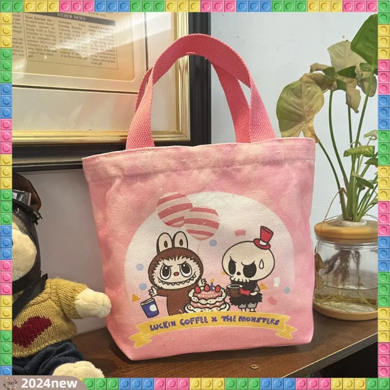 Cartoon Labubu Printed Letters Handbag Kawaii Shoulder Bag Ladies Canvas Bag Commuting Everyday Joker Cute Handbag