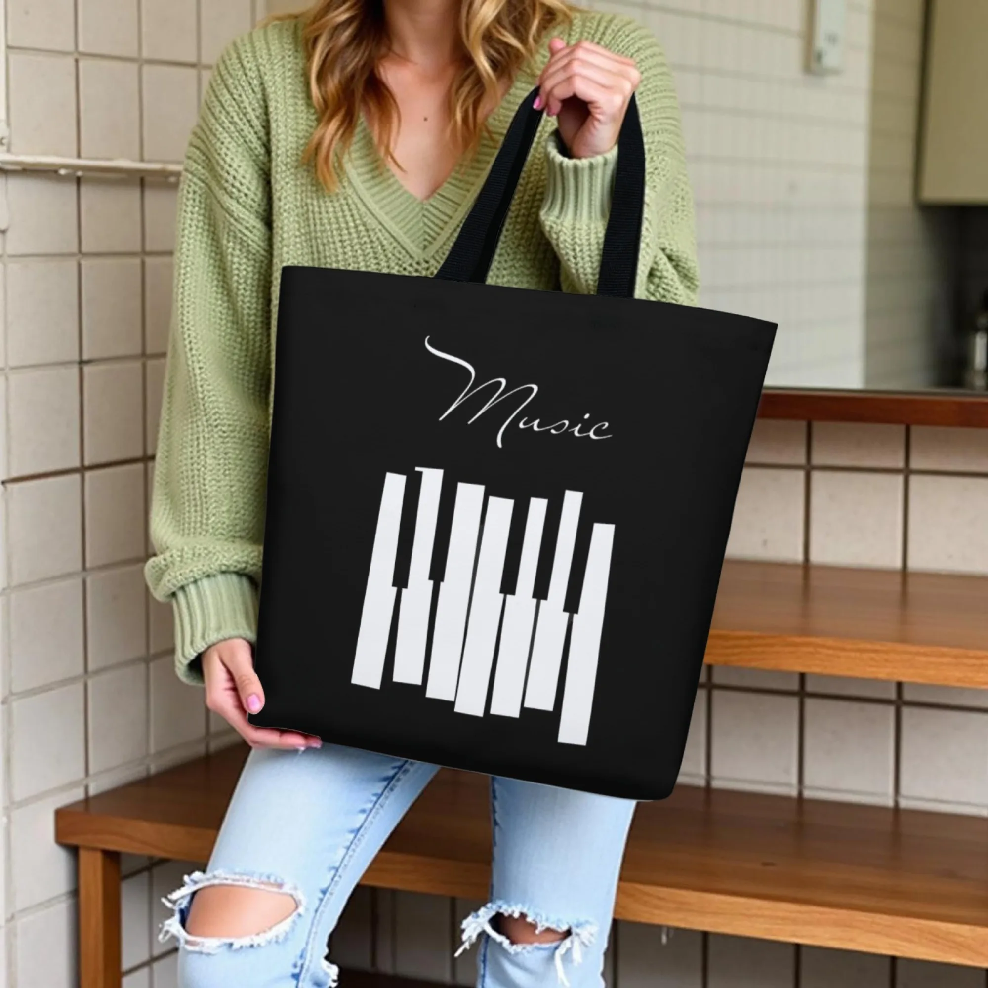 

Classical Trendy Music Canvas Tote Bag Piano Key Print Canvas Reusable Shopping Bag Gift for Friends Love Musical Design