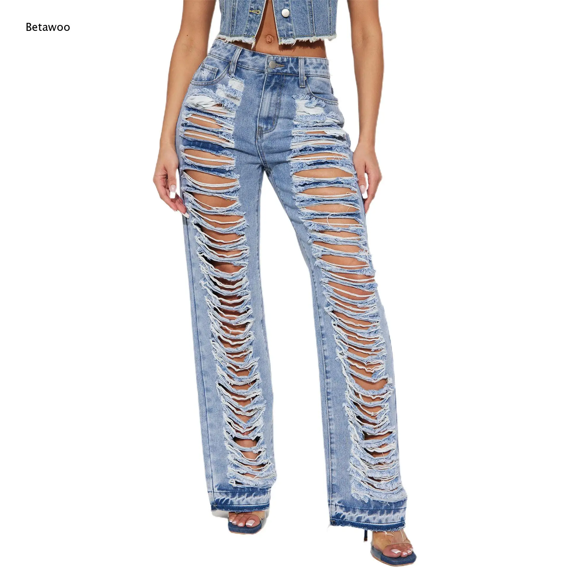 Women High Waist Super Ripped Wide Leg Jeans Frayed Edge Hollow Out Denim Long Pants for Party Street Trendy Outfit