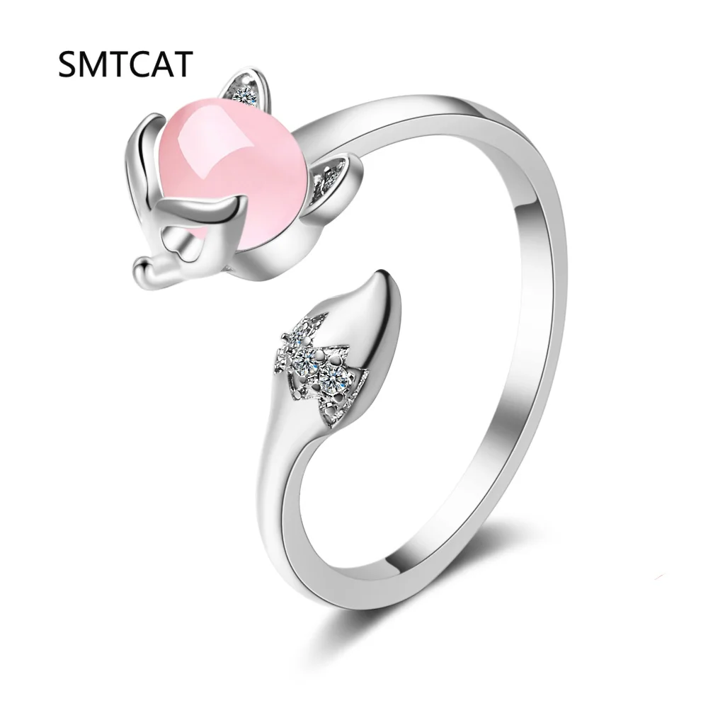 

Твердое кольцо из стерлингового серебра 925 пробы с драгоценным камнем и лисой для женщин, винтажный подарок ручной работы, милые открывающиеся кольца с лисой, подарок на день рождения