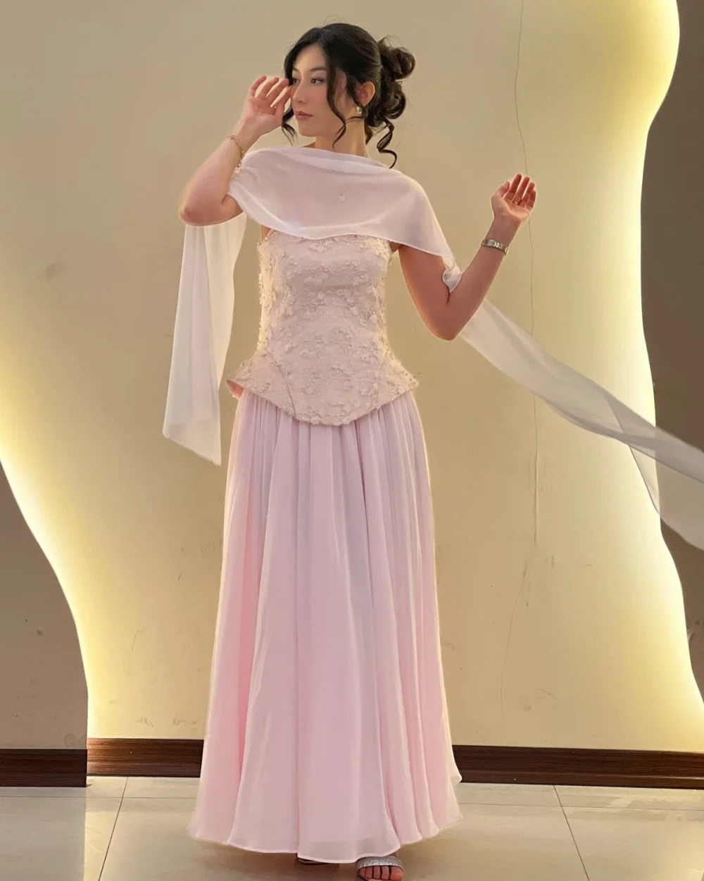 

Customized Fashion Classic Chiffon Handmade Flower Prom Dress Strapless A-line Sequined Evening Dresses Modern Style Party Dress