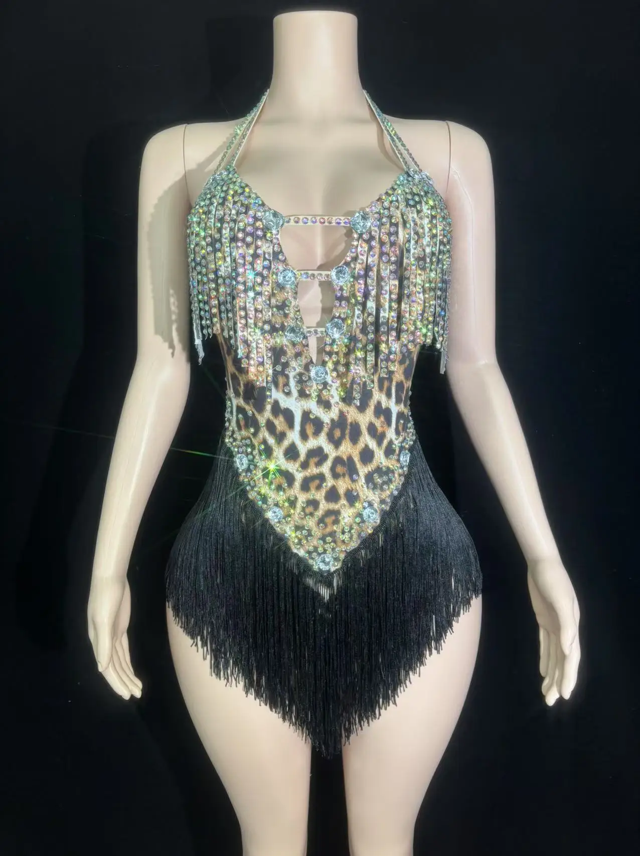 Sexy Sparkly Rhinestones Tassel Leopard Print Backless Bodysuit Performance Dance Costume Singer Dancer Stage Wear Latin Outfit