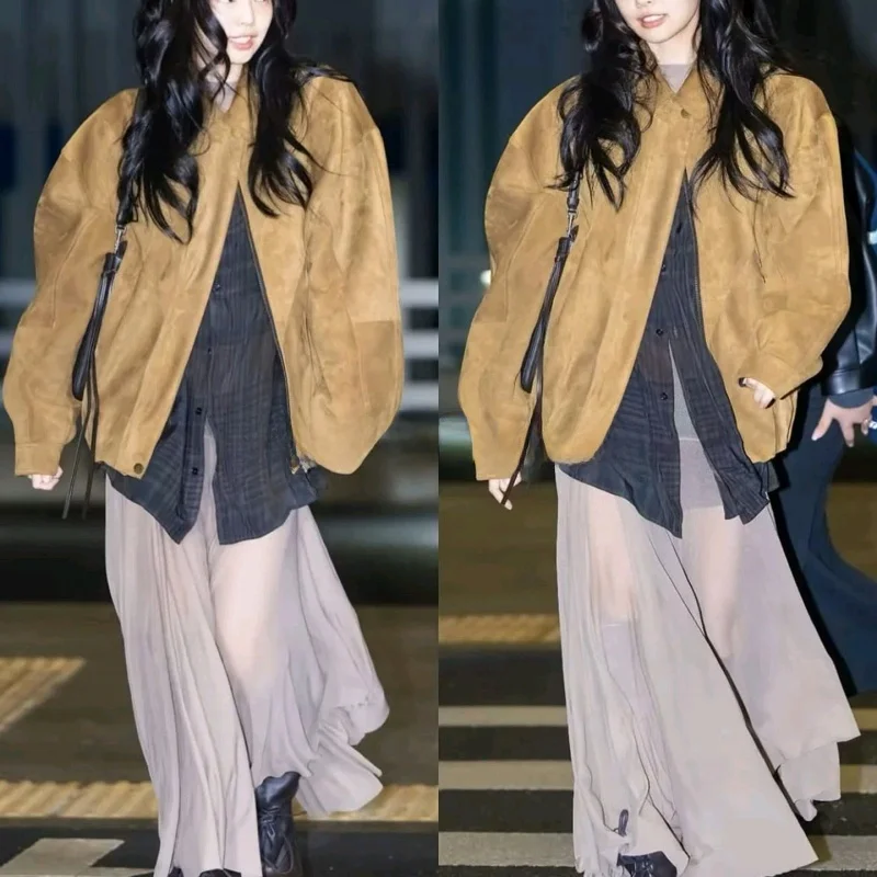 

Retro Sle Women's Jaet ort Length Long Sve Faux Suede Material Stand Collar Pilot Coat Autumn New Arrival Ladies Out...