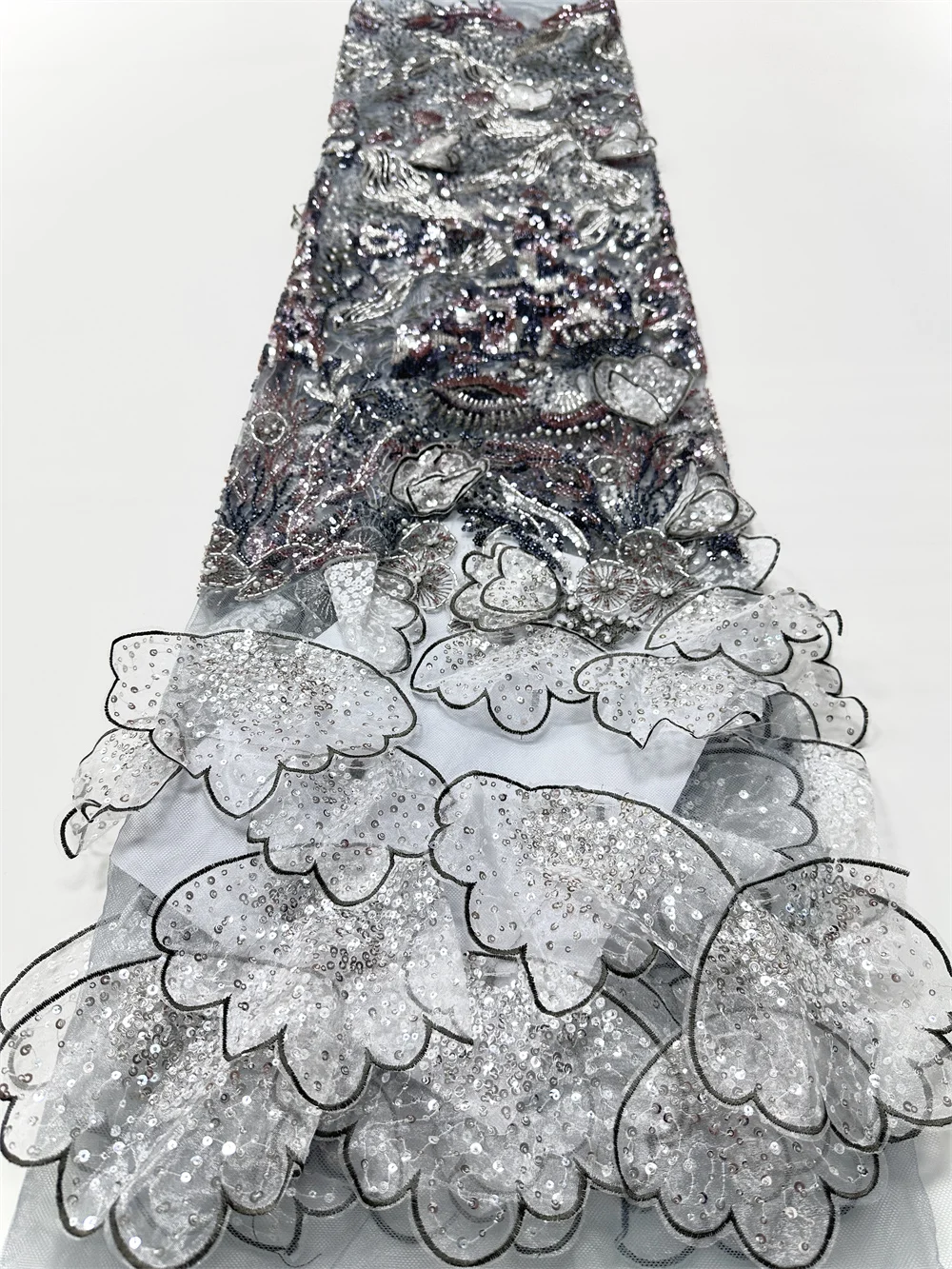 3D Flower Lace Fabric Embroidery Net Big Flower 2025 African Nigerian Sequins Tulle 3D Applique Beaded for Wedding Evening Dress