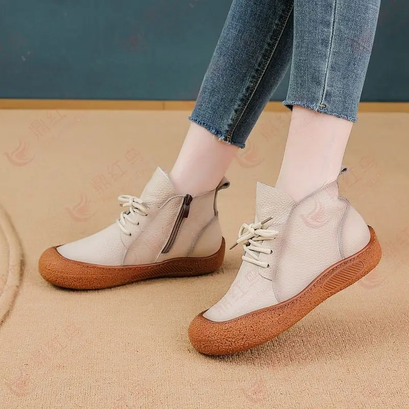 

New cow leather ankle boots women laced up waterproof shoes ladies wide fit short boot woman autumn oxfords shoes brown booties