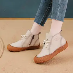New cow leather ankle boots women laced up waterproof shoes ladies wide fit short boot woman autumn oxfords shoes brown booties