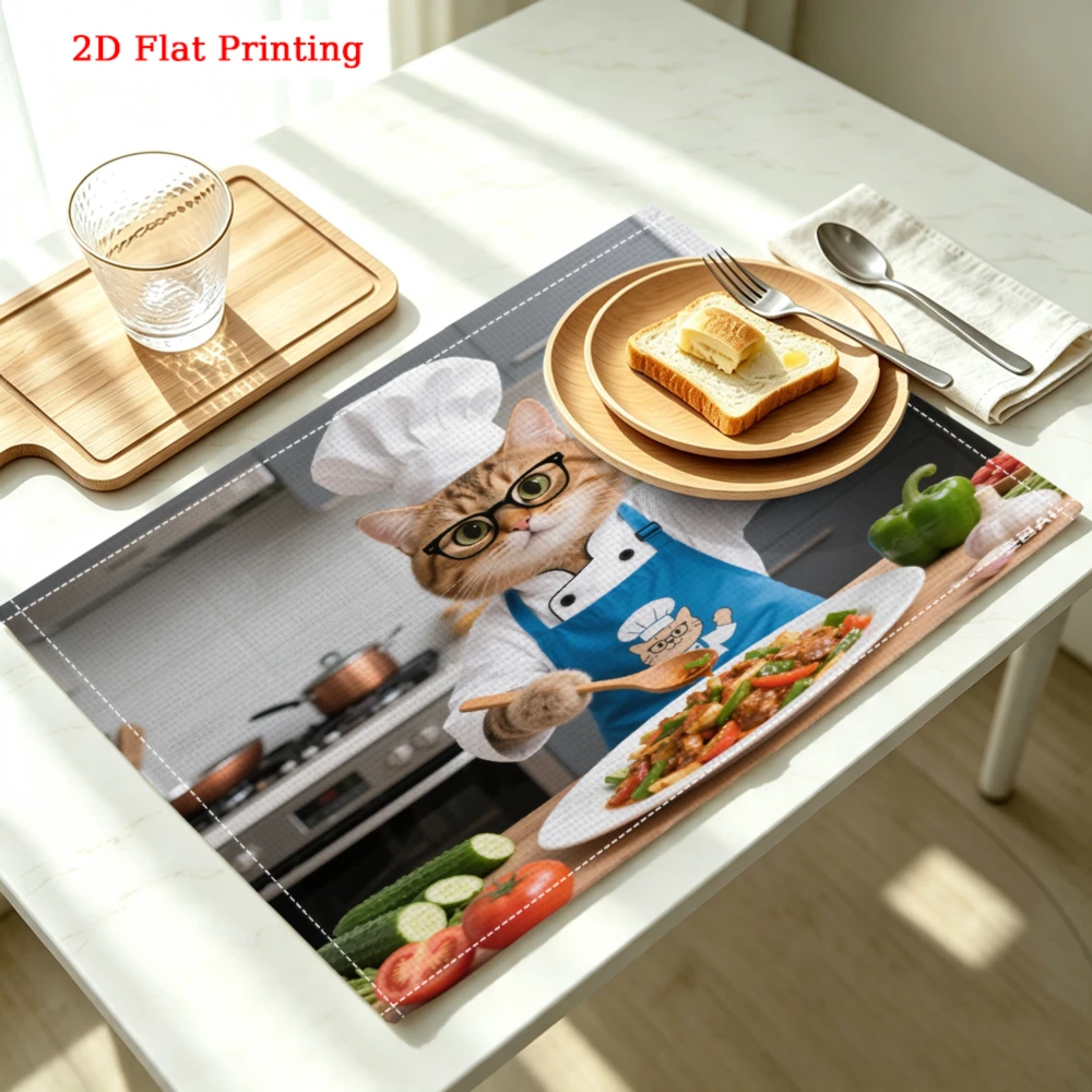 2Pcs Cartoon Chef Cat Placemat Blue Kitchen Cooking Print Table Mat For Dining Home Decor Food Protection 30X40Cm
