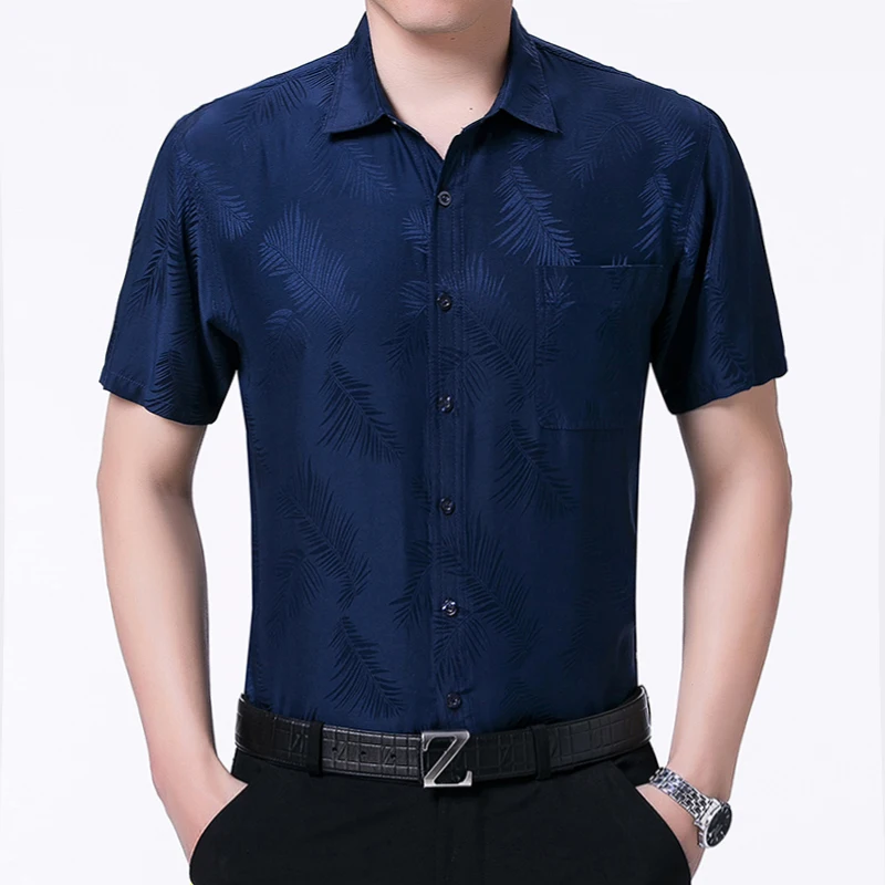 Geniune Silk 100% Lightweight Shirts For Men Short Sleeve Pocket Summer Quality Skin-Friendly Jacquard Premium Camisas De Hombre