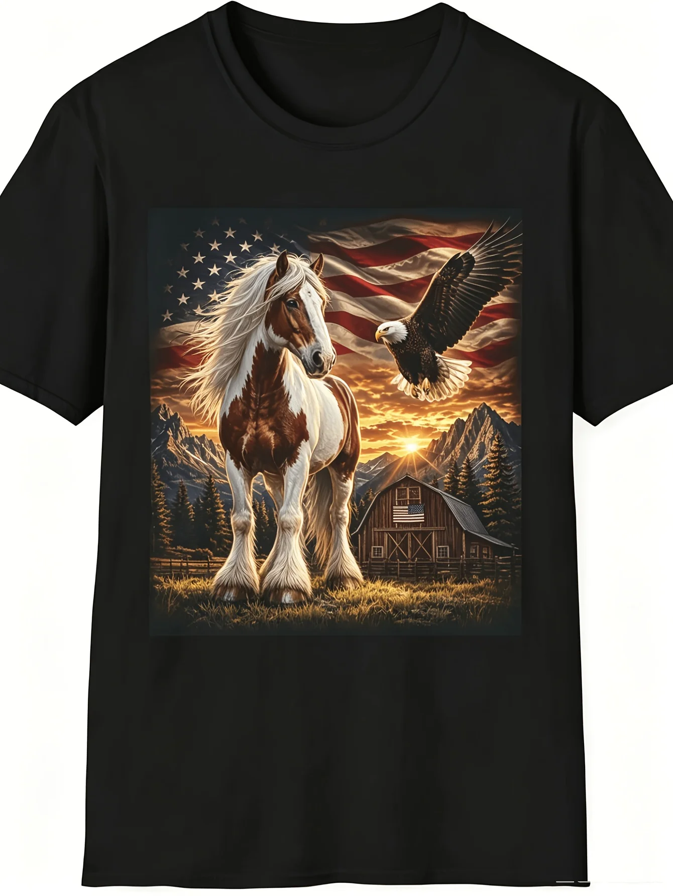 250th Anniversary American Flag T-Shirt - Clydesdale Horse & Eagle Western, Suitable for Casual Attire, Outdoor Activities, Independence Day, Machine Washable Crew Neck Tee