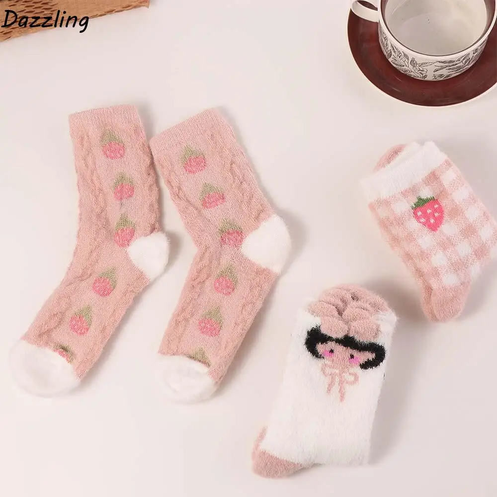 

3Pairs Cute Cartoon Girl Mink Fur Socks Stripe Thicken Strawberry Plush Socks Hosiery Warm Winter Floor Socks Girls