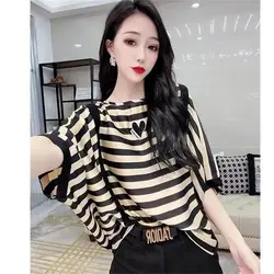 Vintage Printed Spliced Batwing Sleeve Striped Blouse Women's Clothing 2023 Summer New Oversized Korean Pullovers Casual Shirt