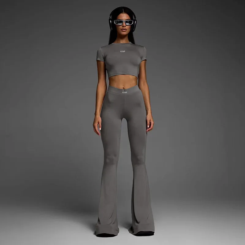 Two piece sets Sports casual suit basic pullover exposed navel short sleeve top high waist Bell-bottoms yoga sexy