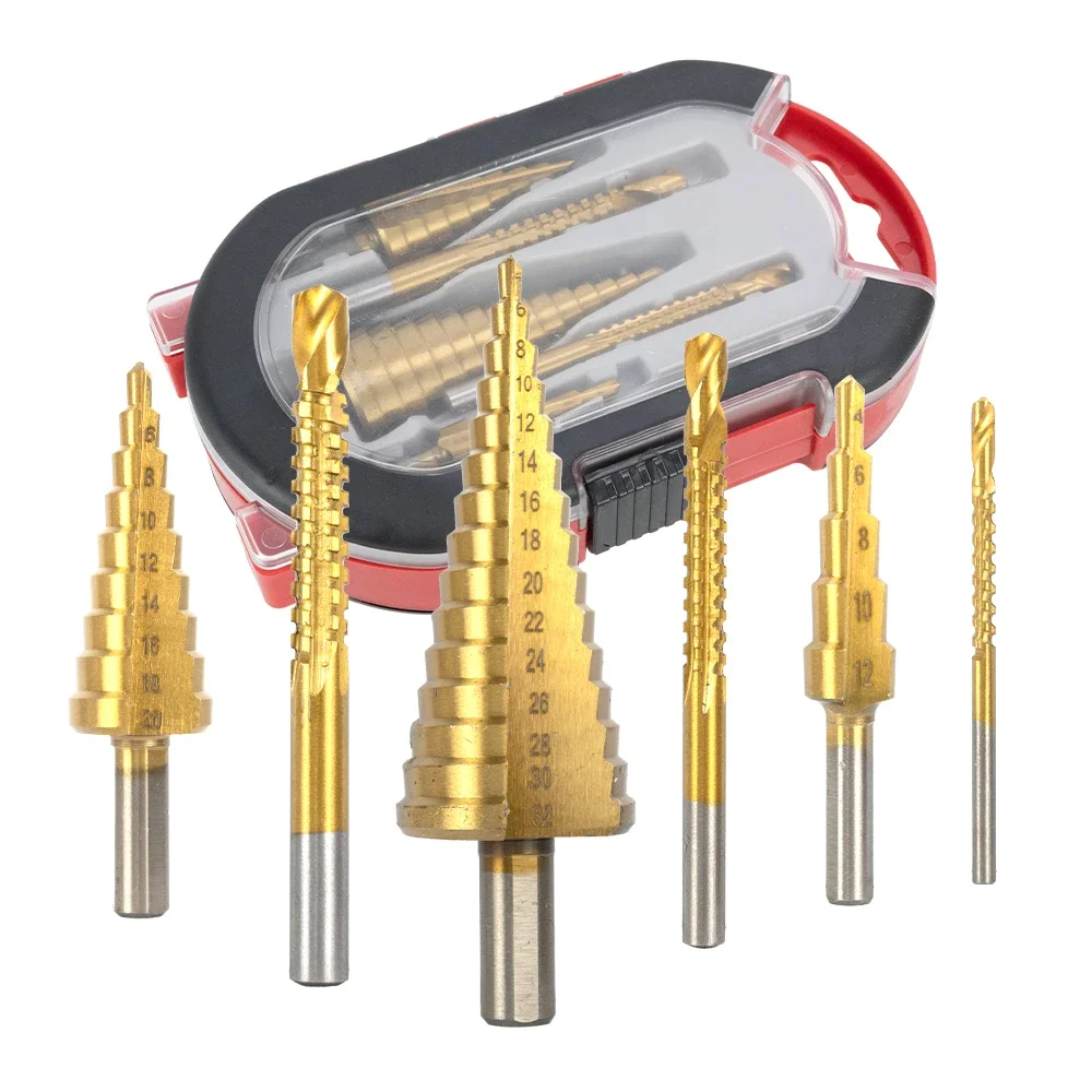 Premium 6-teiliges Titan-Stufenbohrer-Set 4–12, 4–20, 4–32 mm, 3–8 mm, für Metall, Holzbearbeitung, effizienter Kernlochöffner, Fräser