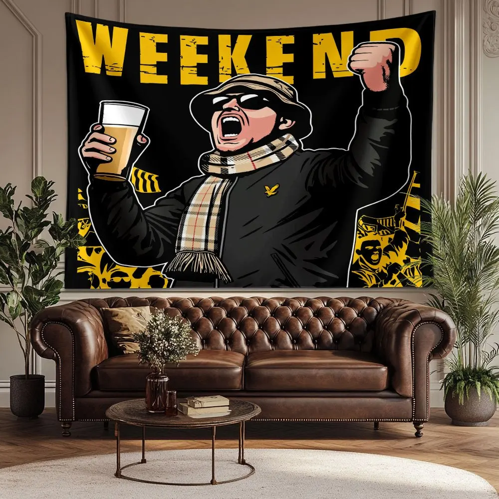 Weekend Football Fan Tapestry, Cartoon Hooligan with Beer and Fist Pump Print Wall Hanging for Sports Bar & Man Cave Decor