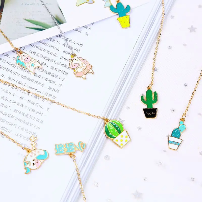 C90C Lovely Cactus Bookmark Clips with Chain Paper Bookmarks Office School Home Supplies for Reading Teen Adult Book Lovers