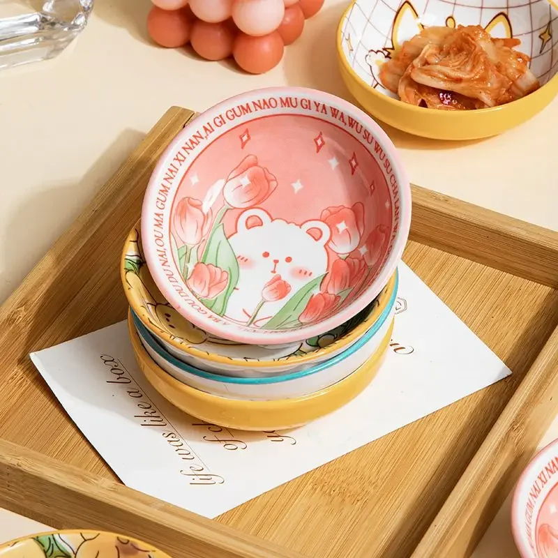 3.5 Inch Japanese Style Ceramic Dessert Sauce Dish Tableware Creative Cute Cartoon Pet Pattern Circular Shape Fruit Sushi Plates