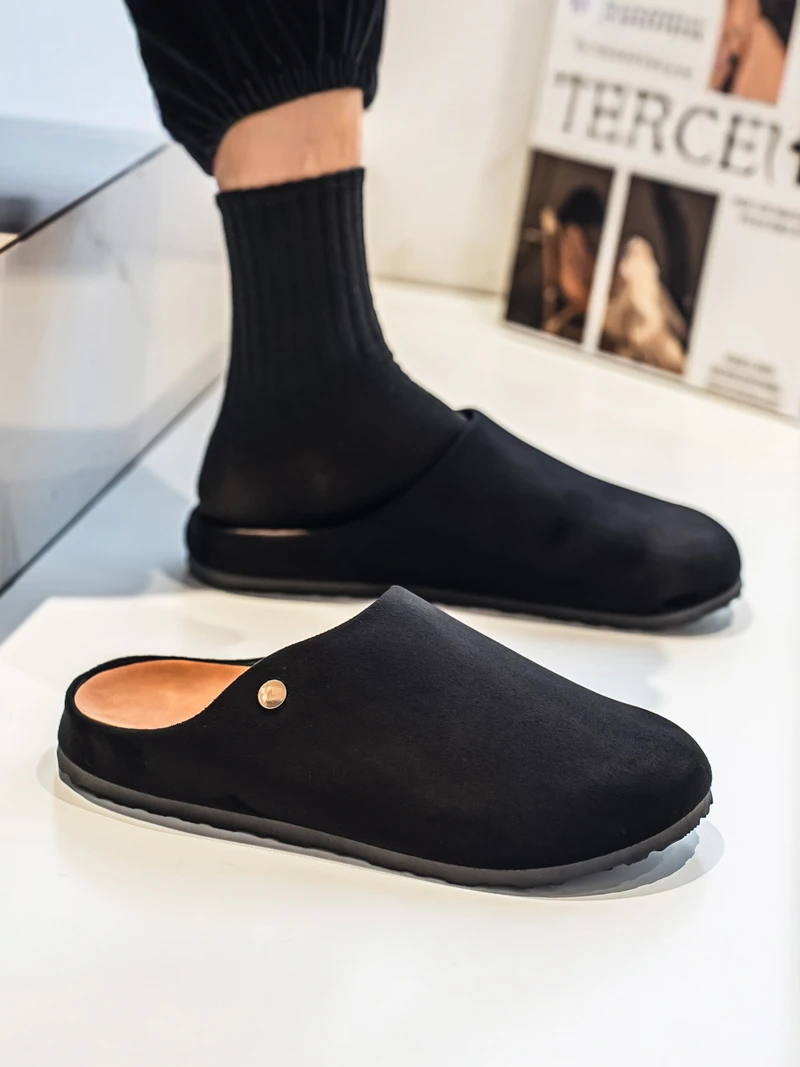 Men's Birkfoot Casual Slip-On Fleece Lined Outdoor Shoes round Toe Thick Bottom PVC Outsole Breathable Leather Upper