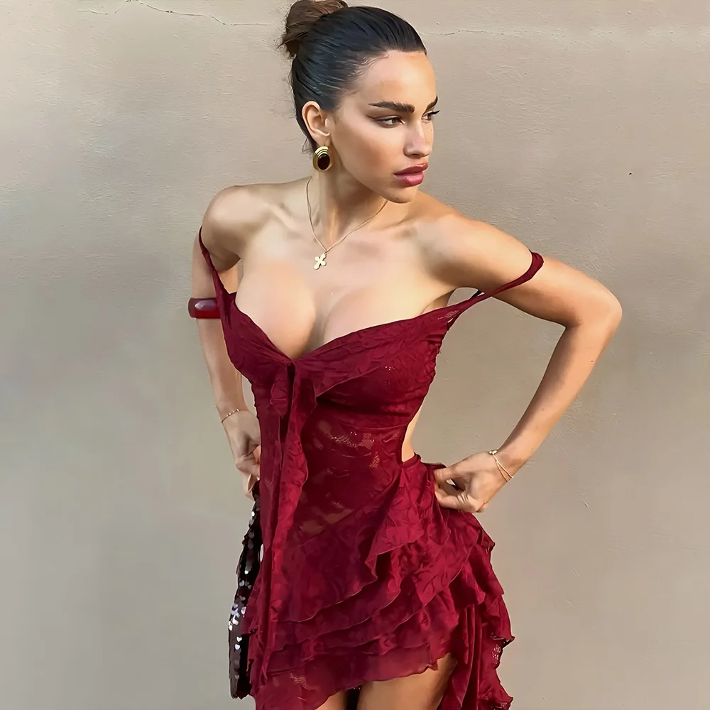 2023 Sommer neues würziges heißes Mädchen-Stil-Spitze-transparentes unregelmäßiges Kleid rückenfreies trägerloses Kleid mit asymmetrischem Saum-Partykleid