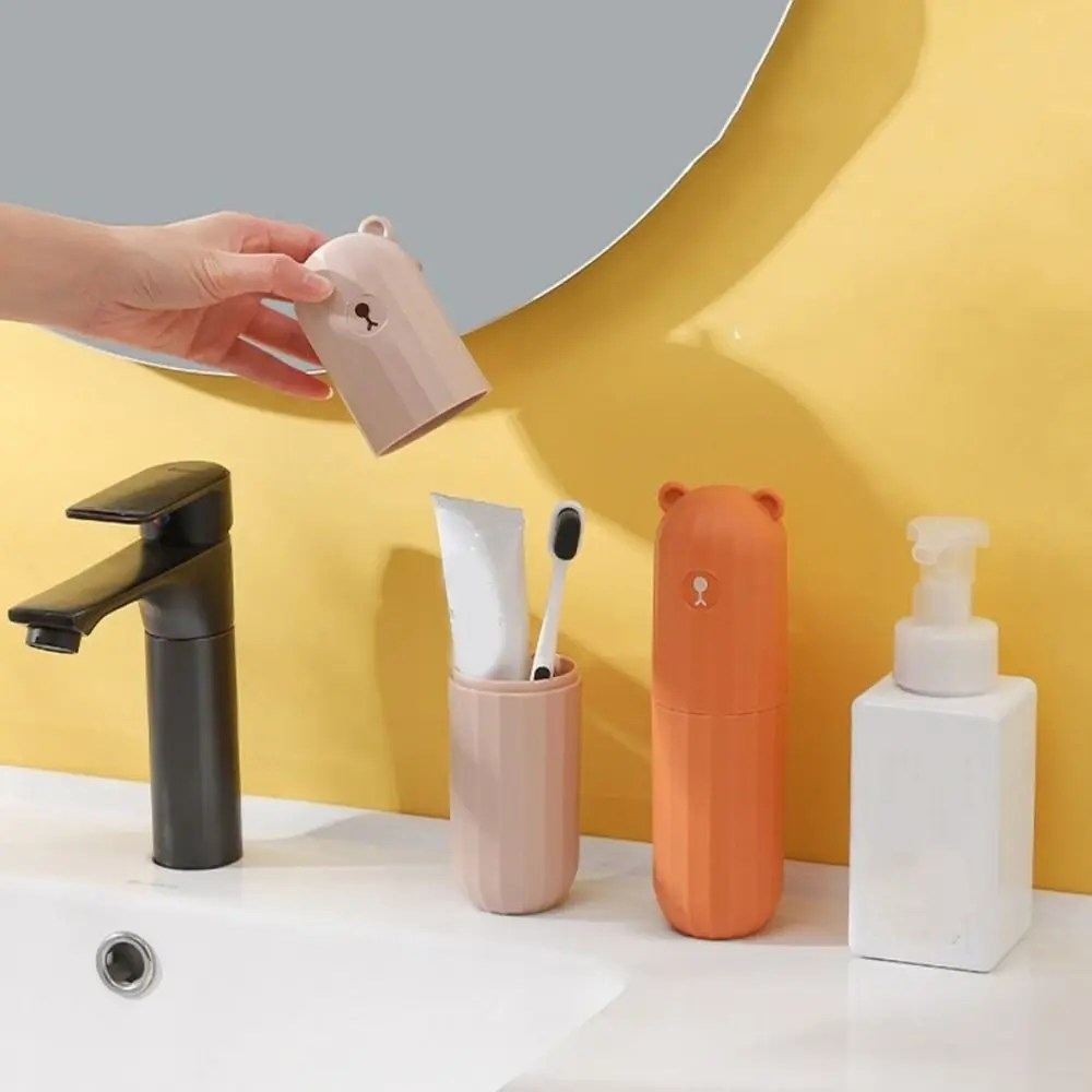 Plastic Travel Toothbrush Cup Large Capacity Waterproof Toothpaste Holder Dust-proof Cartoon Bear Toiletries Storage Cup Travel