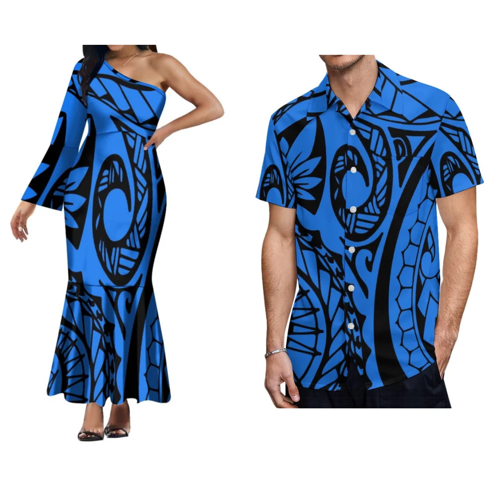 Summer Women's Dress Men's Shirt Custom Polynesian Couple Suit Party Dress Temperament Dress Long-Sleeved One-Shoulder Dress