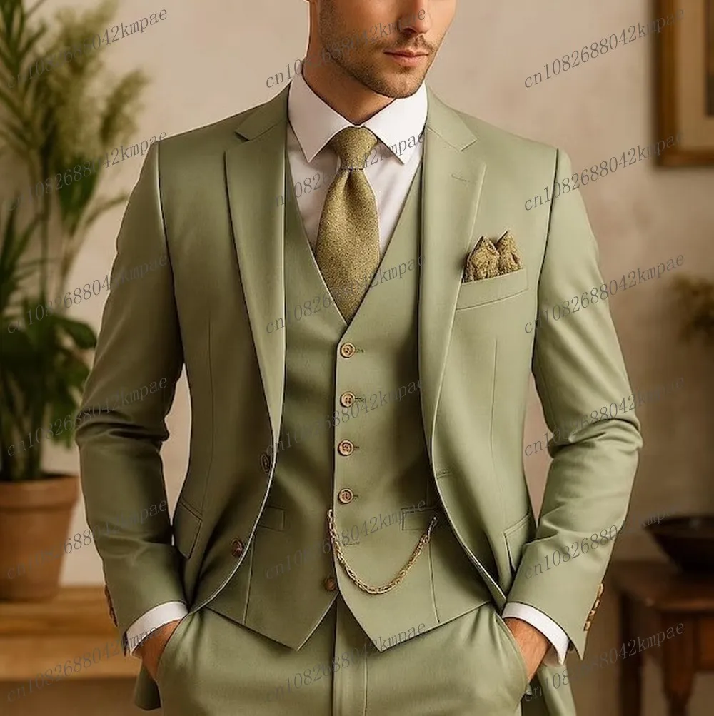 

Новый зеленый деловой мужской костюм матча, жених, жених, свадебная вечеринка, выпускной, деловые мужские смокинги, комплект из 3 предметов, пиджак, жилет, брюки