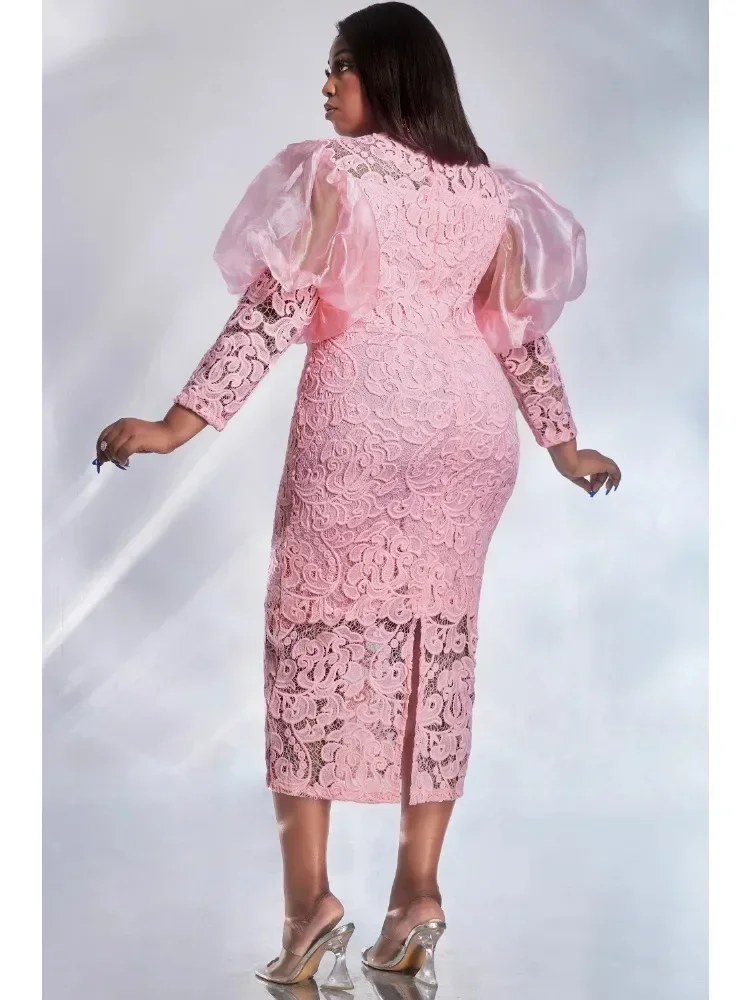 Women Plus Size Formal Dress Pink Lace Puff Sleeve See-Through Midi Dress Elegant Sweet Wedding Guest Cocktail Bodycon Dresses