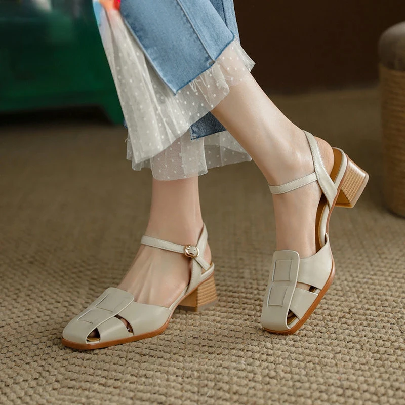 

NiceGenuine Leather Casual Sandals Square Med Heel Platform Summer Women Shoes Ankle Strap Buckle Female Pumps Chaussure Femme