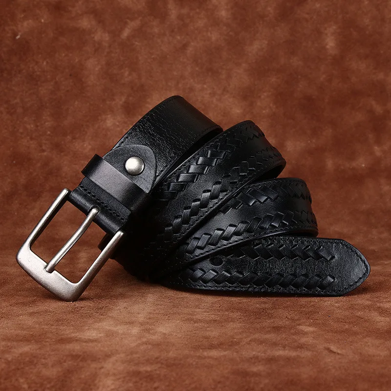 Men's Fashion Hand-woven Genuine Leather Belt Top Layer Cowhide Pin Buckle Trendy Pants Belt