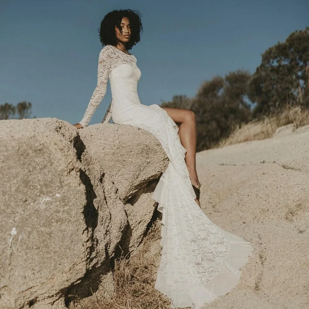 Robes De mariée blanches sirène en dentelle, Sexy, manches longues, dos Illusin, longueur au sol, robe fendue sur le côté