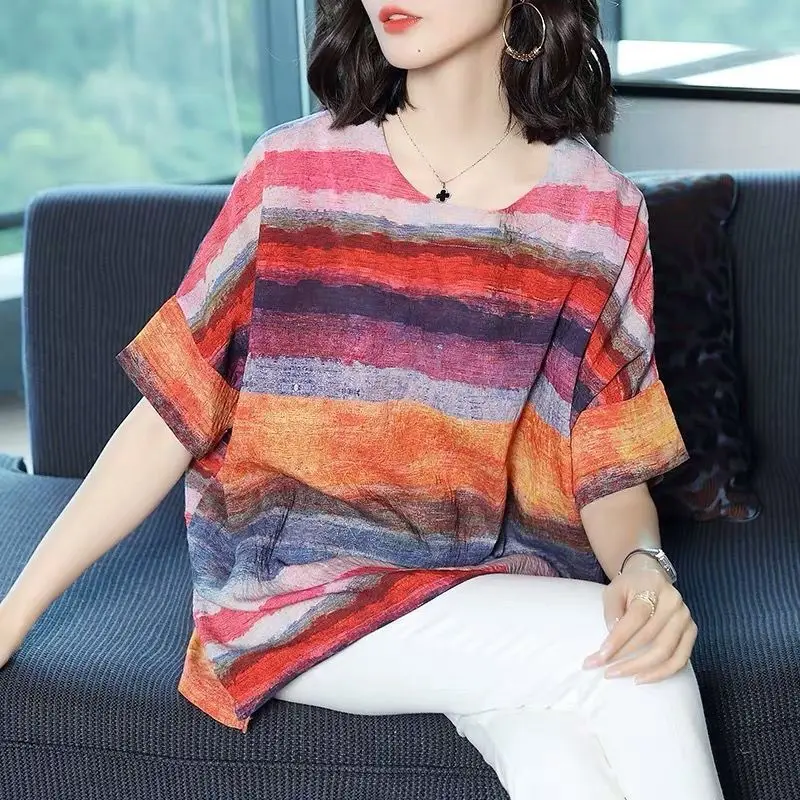 Oversized Loose Women's Clothing Printing Fashion Casual Round Neck Pullovers Short Sleeve T-Shirts Spring Summer Thin Rainbow