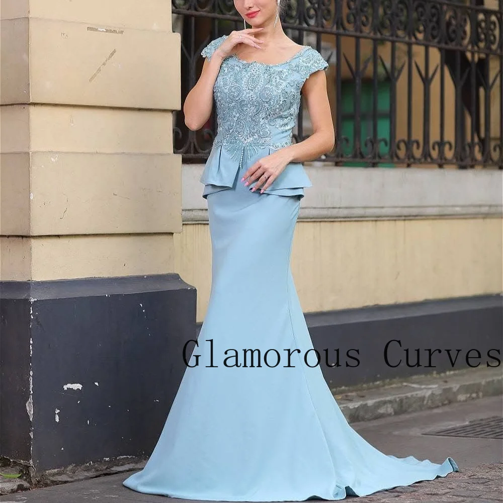 Customized Mermaid Mother of Bride Dress Lace Applique Beading Satin Off Shoulder Cap Sleeve Ruffle Peplum Top Formal Party Gown