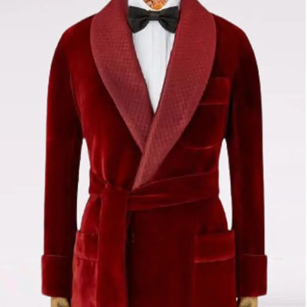 England Style Men\'s Suit Jackets Custom Made Smoking Blazer Dinner Party Red Velvet Man Trench Coat Long Male Evening Dress 2024