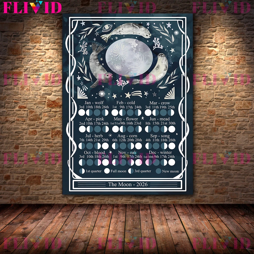 2026 Lunar Calenda Witch Moon Phases Almanac Wall Art Canvas Painting,Magical Lunar Calendar 2026 Art Poster Print Decoration