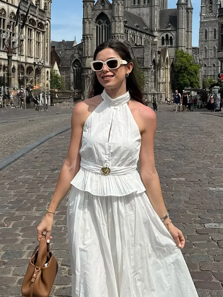 

HH женский летний повседневный однотонный топ с бретелькой на шее без рукавов с морщинами металлический декоративный элегантный праздничный модный плиссированный короткий топ