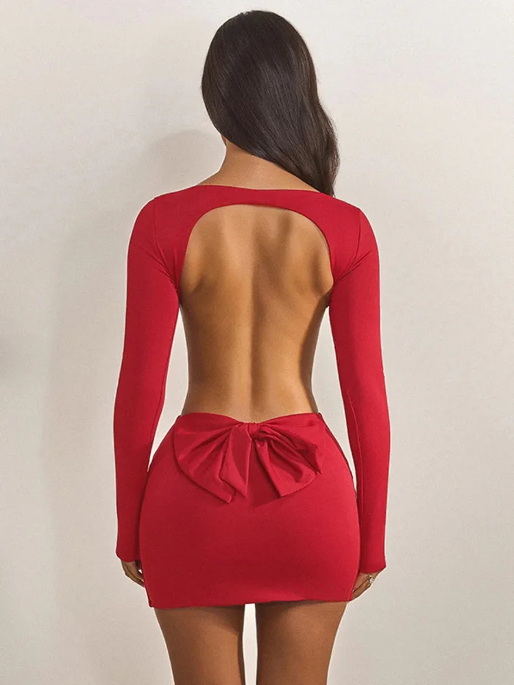 XIAOTANG Backless Boog Lange Mouw Sexy Mini Jurk Vrouwen Jurk Elegant Hollow Out O Hals Hoge Taille Skinny Club Party Jurken