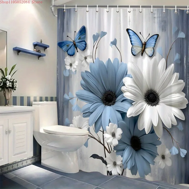 1 Stück blau-weißer Duschvorhang mit Gänseblümchen und Schmetterlingen aus Polyester – mit Haken, wasserdicht, schimmelresistent, einfach zu installieren, waschbar