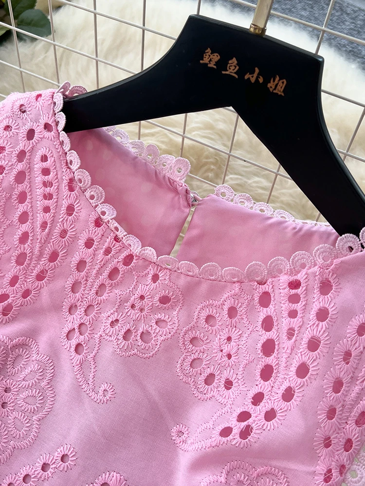 French Retro Hollow Hook Skirt Set Women's Summer Sleeveless Vest Top+high Waisted Elastic Large Swing Skirt Two-piece Set C542