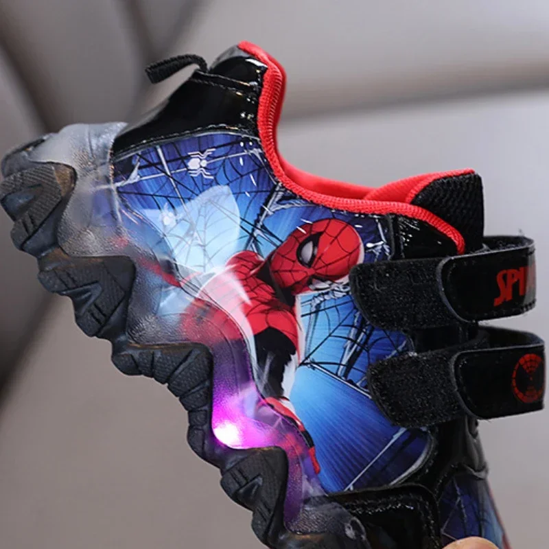 Disney Children\'s Sneakers Boys Spiderman Led Light Sport Shoes Student Shoes Hook Anti-slip Kids Outdoor Shoes Basket Shoes