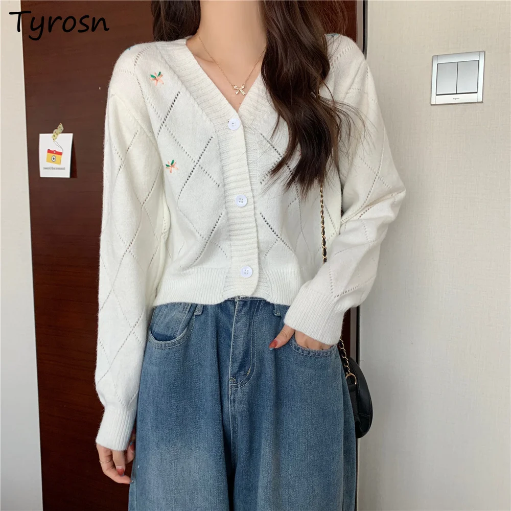 

Women Sweet Embroidery Short Cardigan Single Breasted Gentle and Soft Knitwear Young Korean Style Simple Hollow Out Design Chic