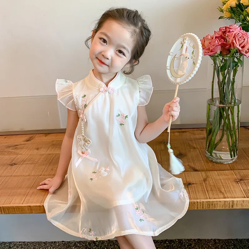 Girls' Dress2024New Western Style Children'S Summer Chiffon Cheongsam Baby Girl Princess Dress