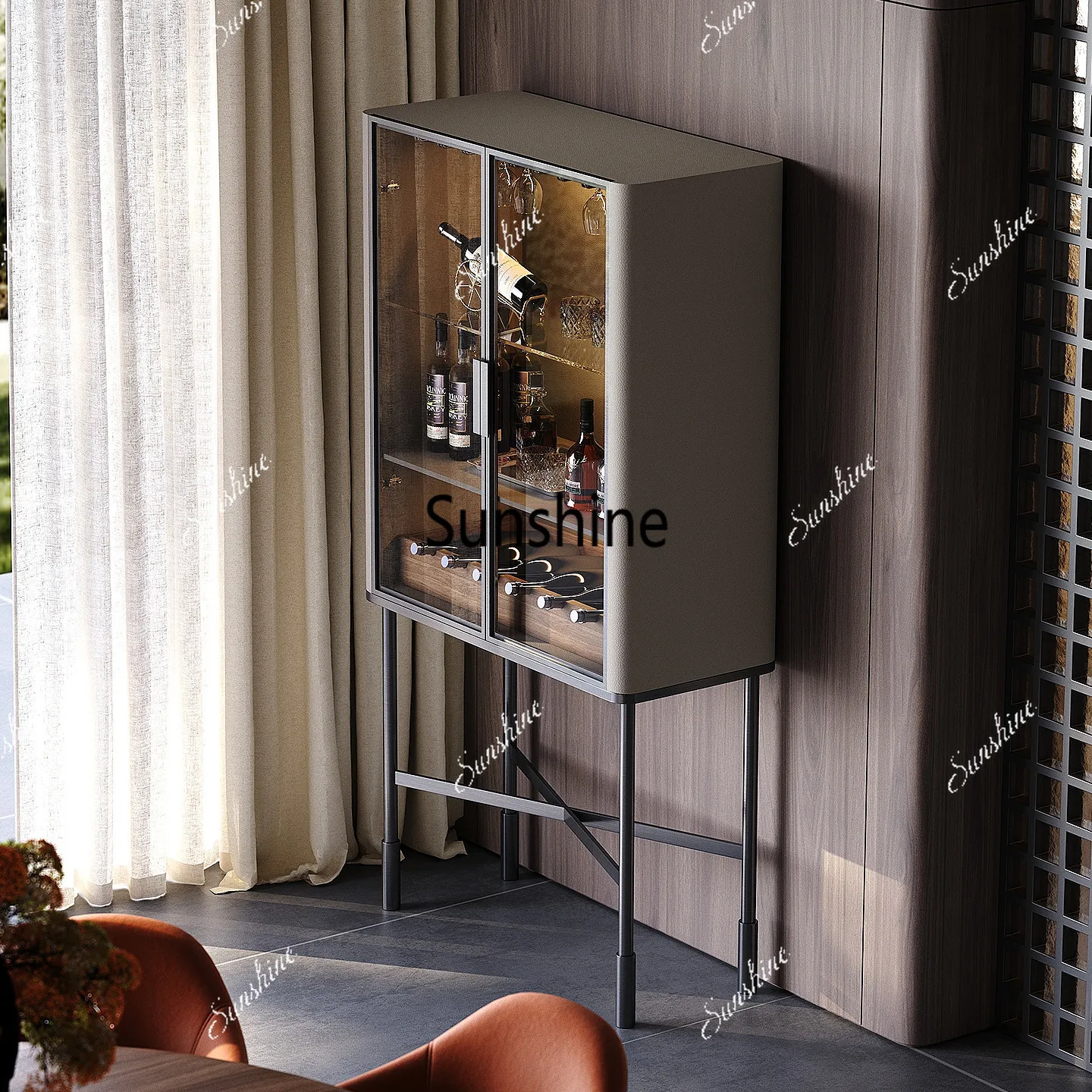 Italian light luxury solid wood wine cabinet villa large flat floor home living room glass door locker
