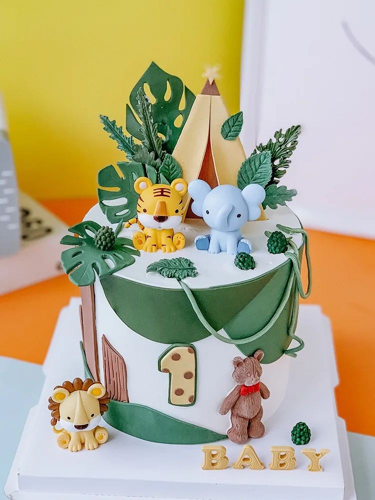 New Forest Animal Cake Topper Tropical Jungle Safari Lion Elephant Giraffe Monkey Cake Decoration First Birthday Party Cute Gift