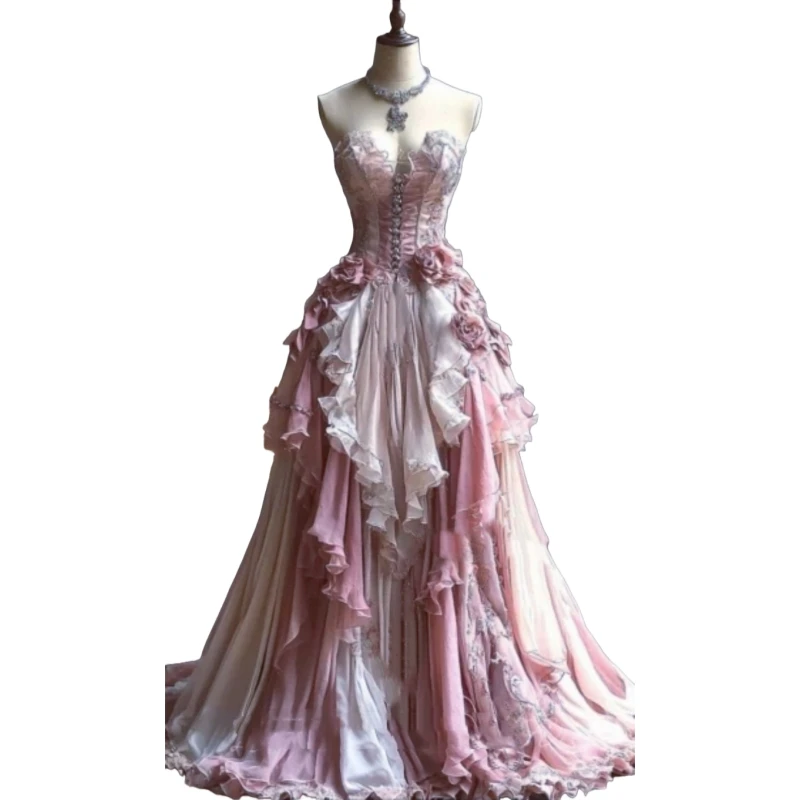 Romantisches Gartenhochzeitskleid in Rosa und Elfenbein, A-Linie, langes Brautkleid, gerüschte Blumen, trägerloses Korsett, formelle Kleider, individuell gestaltet